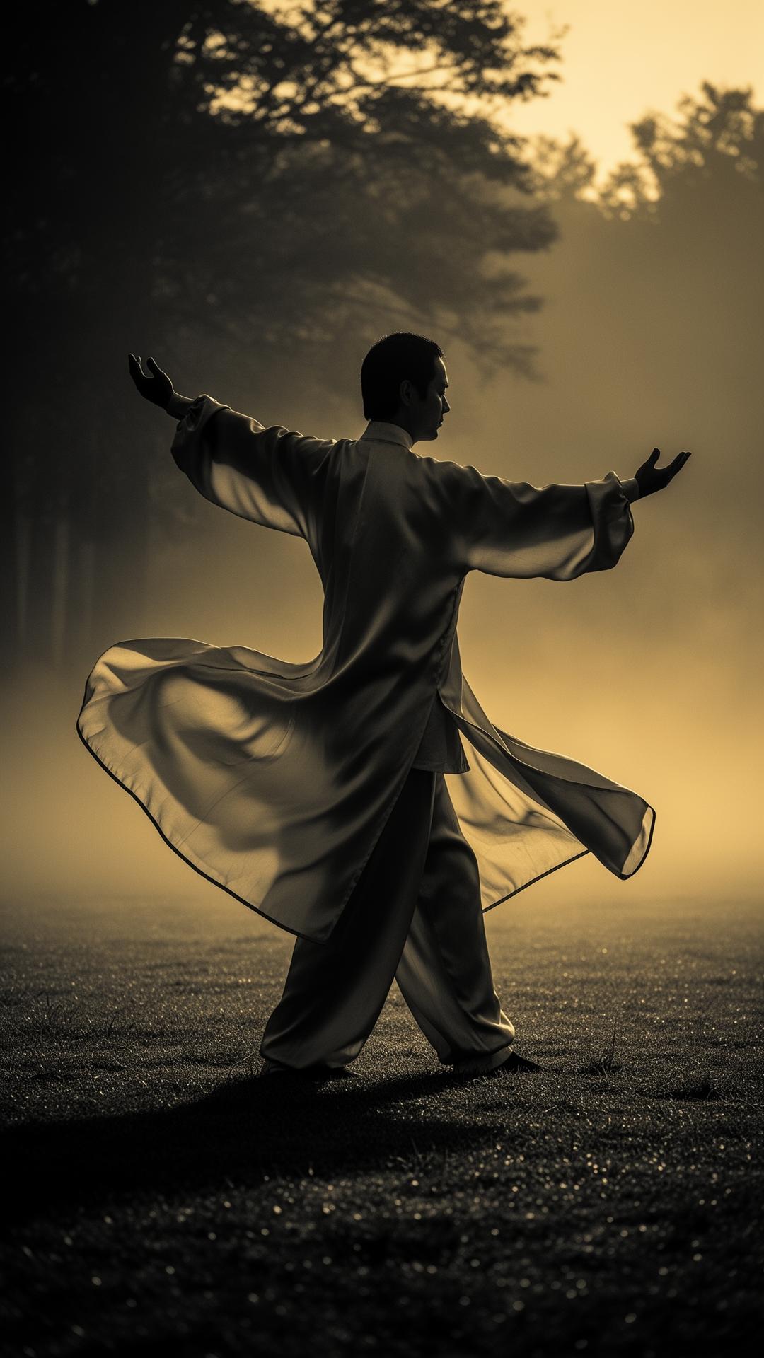 Solitary taiji practitioner at dawn in flowing silk robes